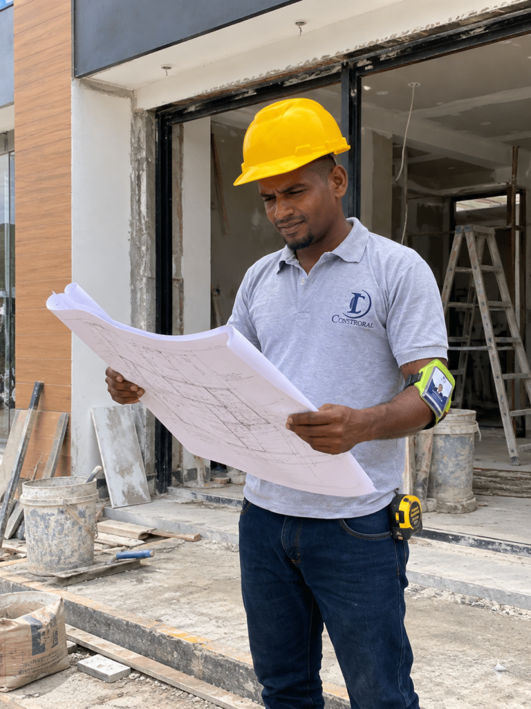 Constructor revisando planos en obra