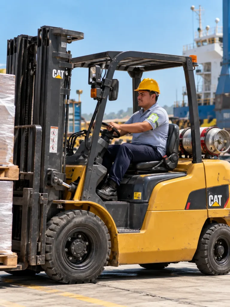 Operador de montacargas en puerto industrial